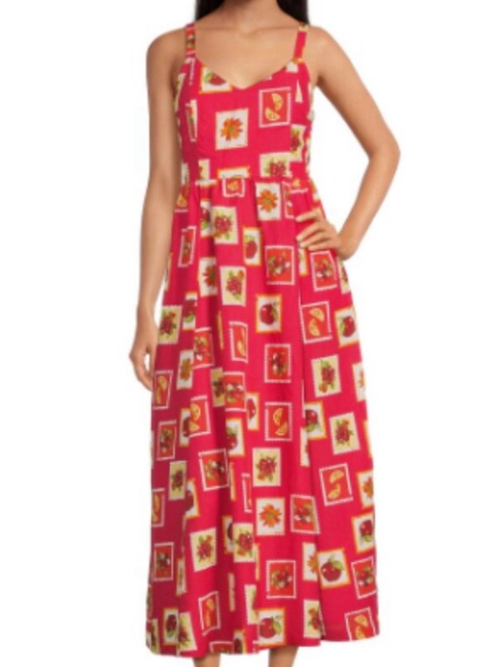 Skies Are Blue-  Red Fruit & Floral Patchwork Midi Dress | NWT - Small
